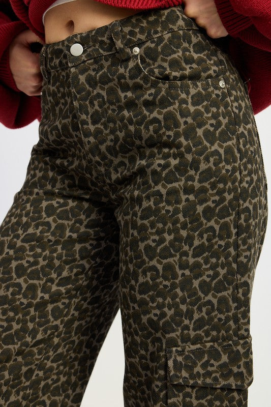 Grey Leopard Cargo Wide Leg Pants