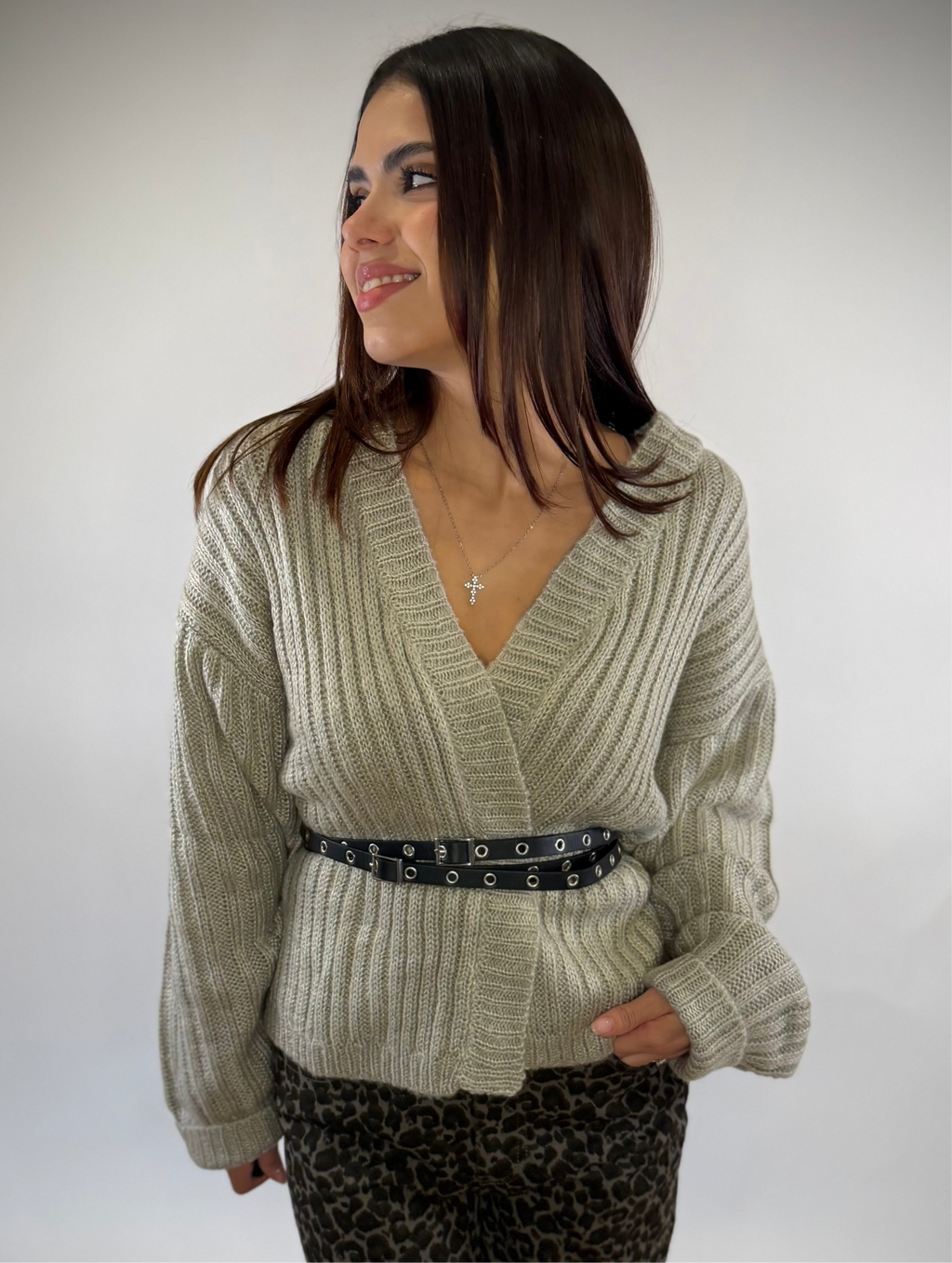Warm Grey Wrap Cardigan With Belt