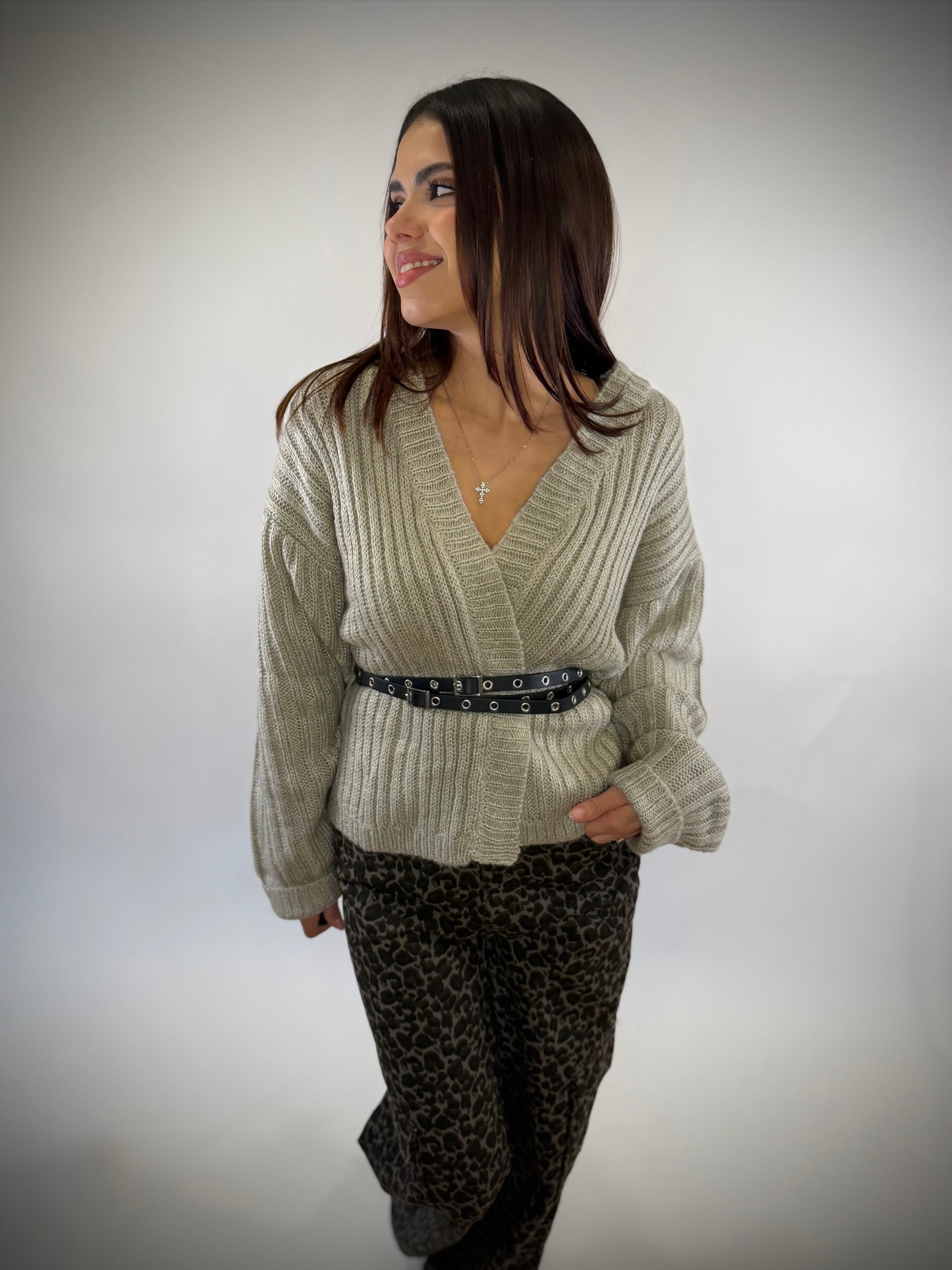 Warm Grey Wrap Cardigan With Belt
