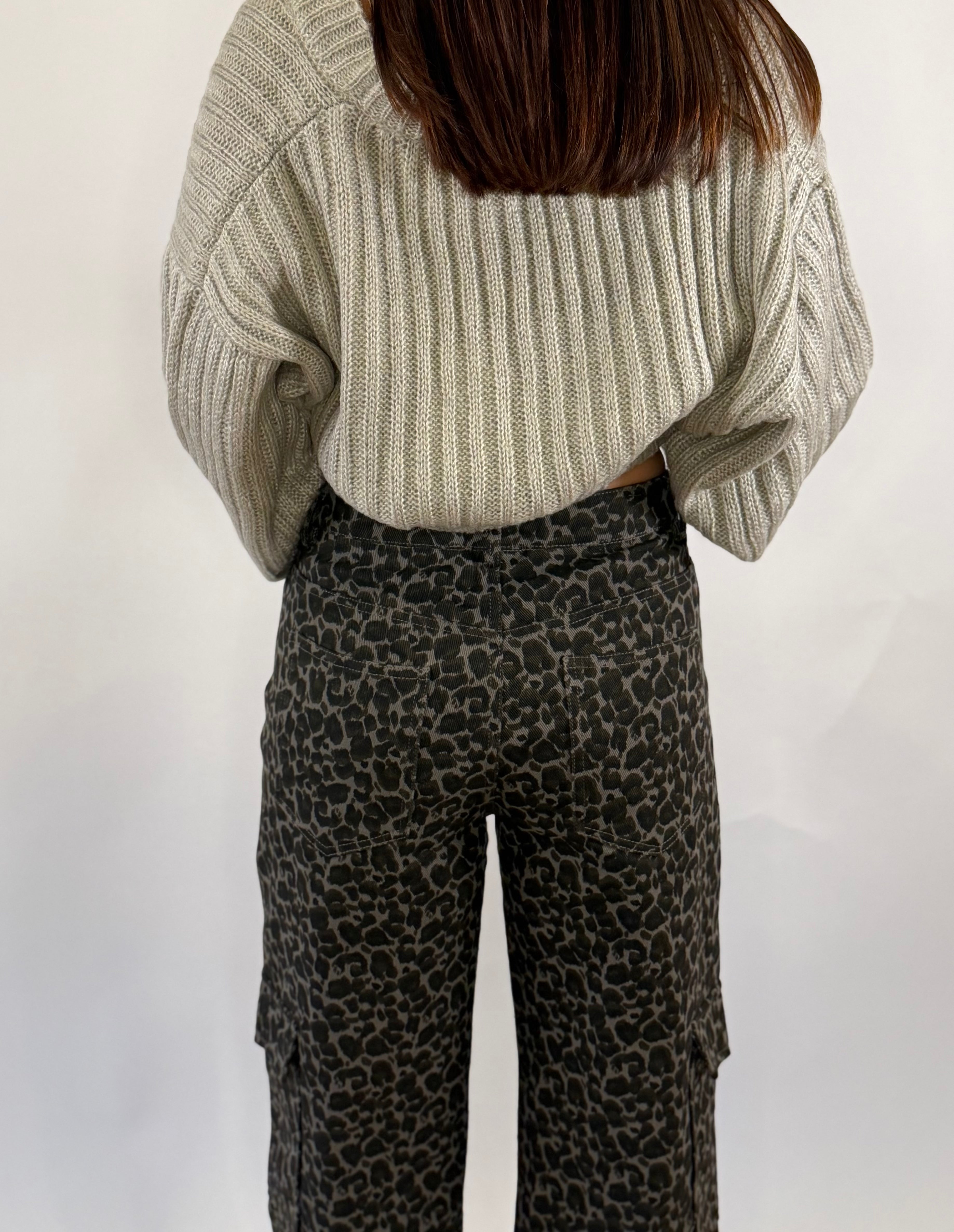 Grey Leopard Cargo Wide Leg Pants