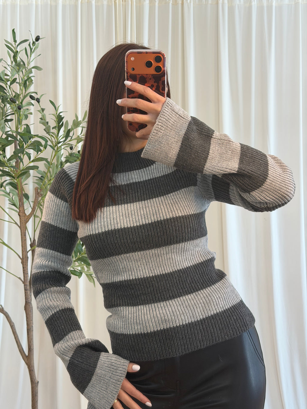 Cutout Charcoal Striped Knit Top