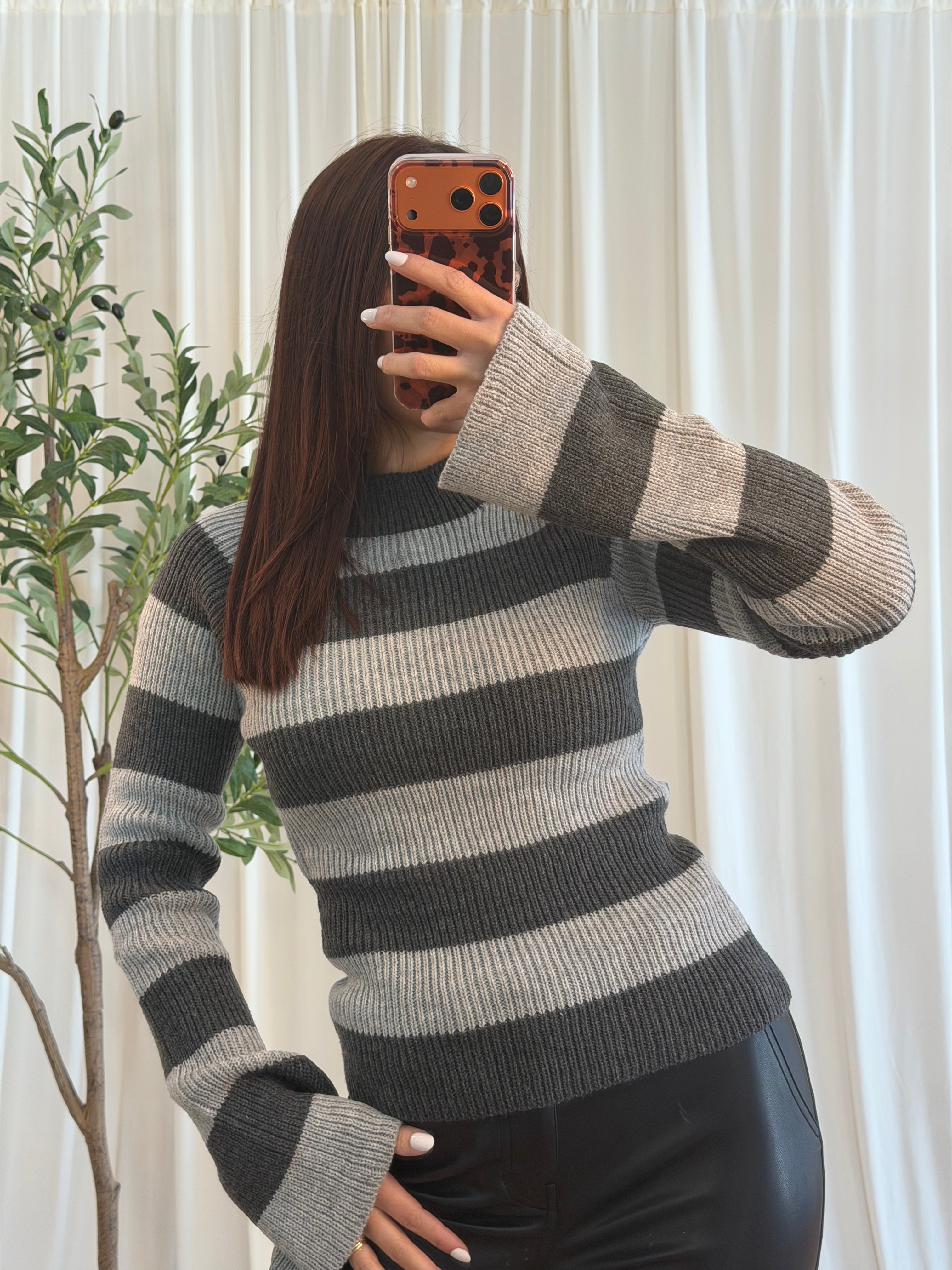 Cutout Charcoal Striped Knit Top