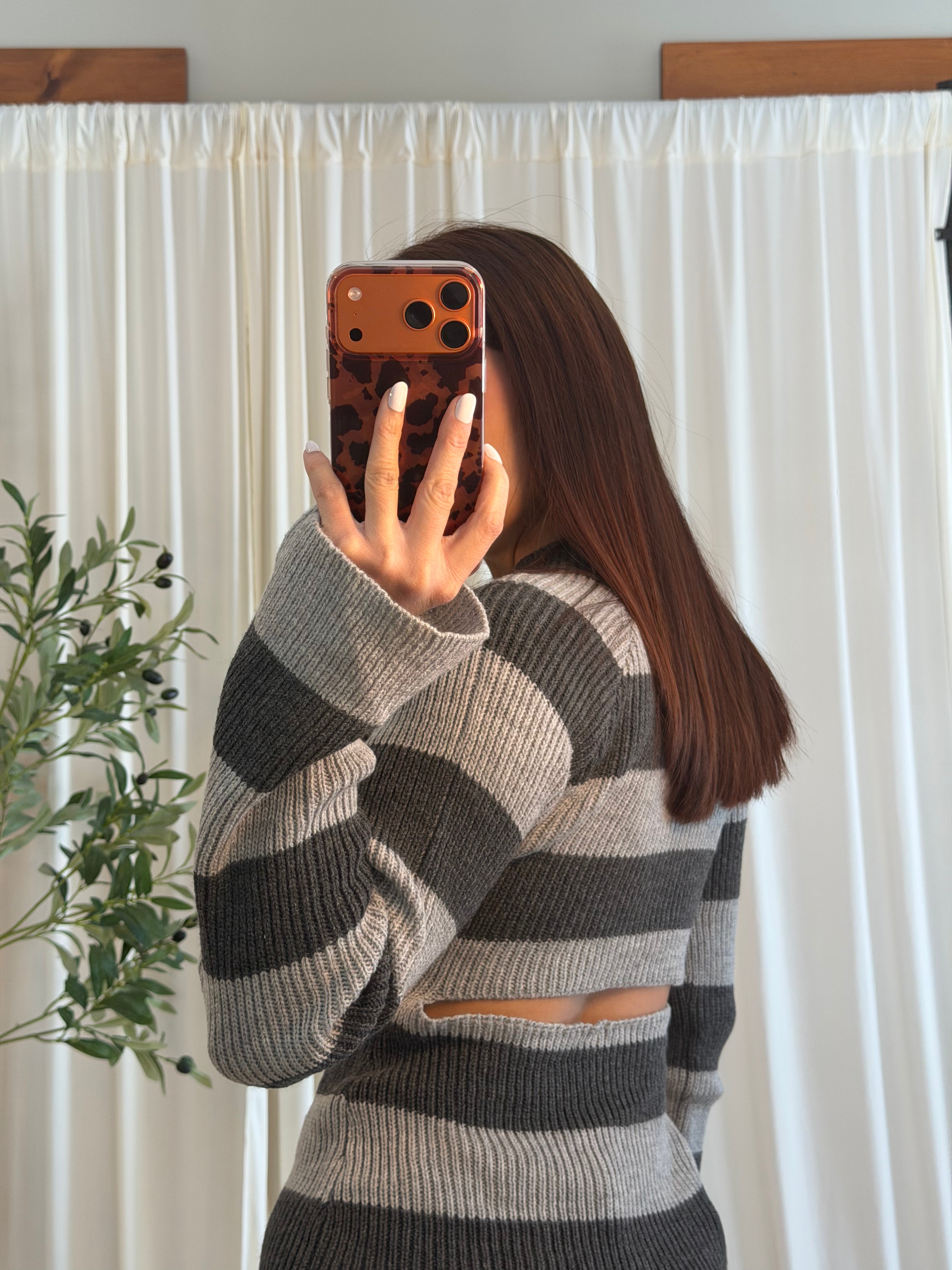 Cutout Charcoal Striped Knit Top