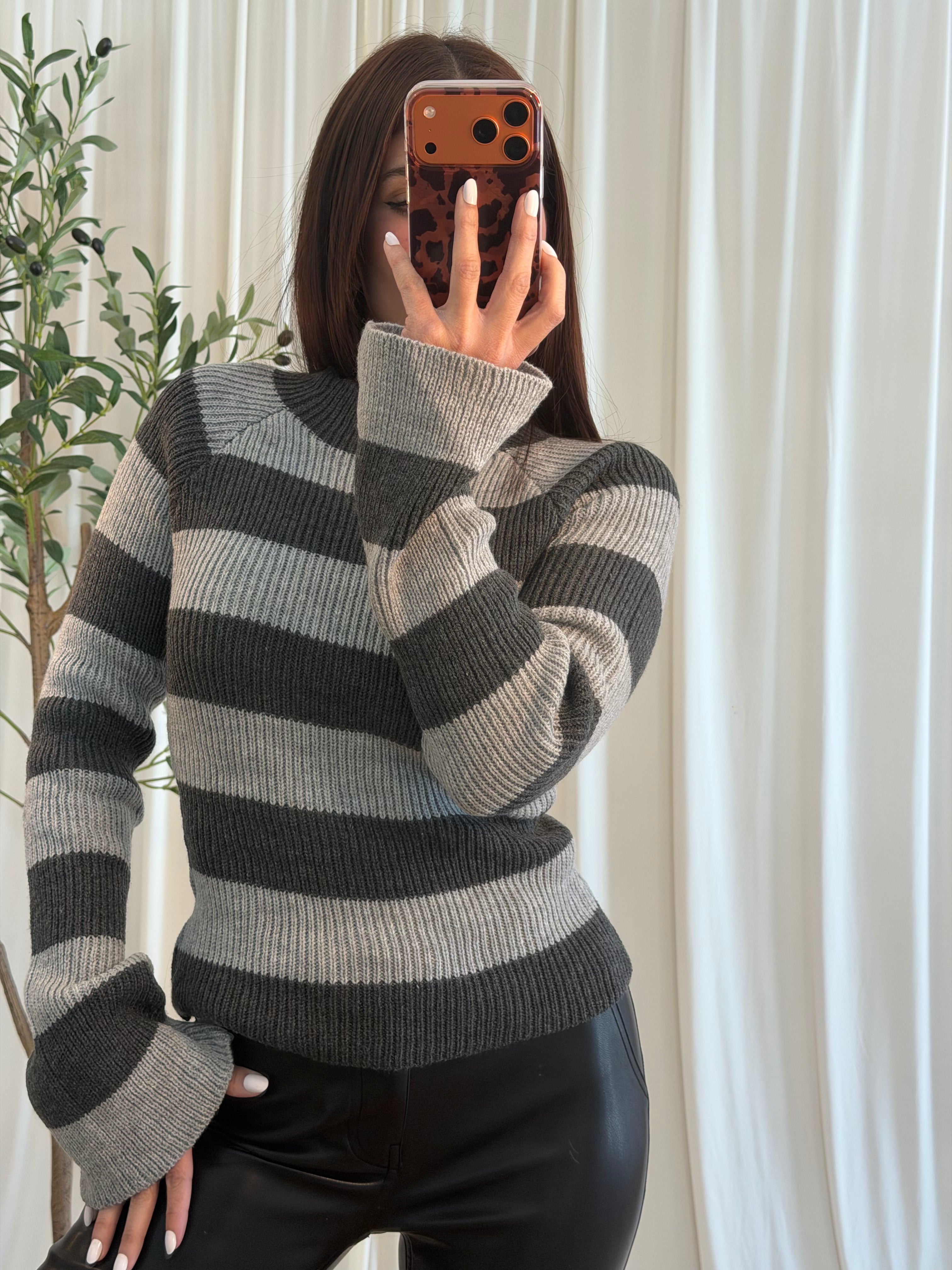 Cutout Charcoal Striped Knit Top